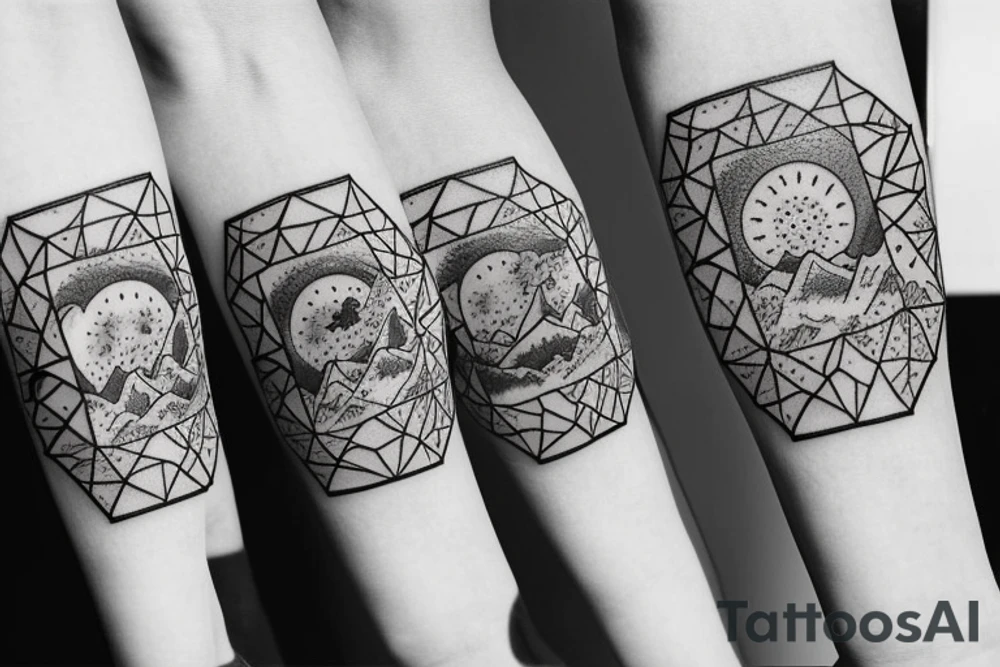Three little square horizontally aligned, one with flowers in it, one with a mountain and a sun in it, one with a nightsky in it tattoo idea