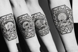 Three little square horizontally aligned, one with flowers in it, one with a mountain and a sun in it, one with a nightsky in it tattoo idea