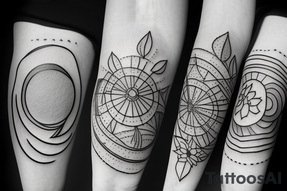 Three little square horizontally aligned, one with flowers in it, one with a mountain and a sun in it, one with a nightsky in it tattoo idea