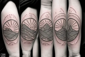 Three little square horizontally aligned, one with flowers in it, one with a mountain and a sun in it, one with a nightsky in it tattoo idea