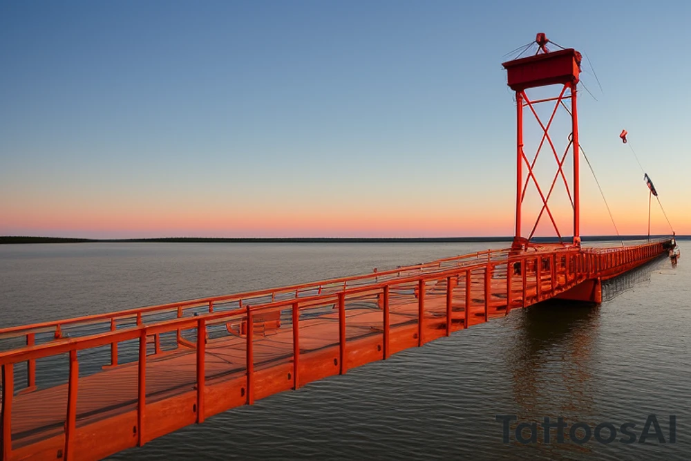 Manitoulin Island swing bridge as the central element. The bridge is depicted in a simplified, clean, and recognizable form, with its distinctive shape and structure. The bridge should be positioned diagonally, slightly angled to create a sense of movement.

Behind the swing bridge, there is a beautiful sunset, with warm tones of orange, yellow, and red filling the sky. The sunset creates a tranquil and serene atmosphere, reflecting the natural beauty of Manitoulin Island.

The most distinctive aspect of the logo is the shadow projected by the swing bridge onto the water below. Instead of a regular shadow, the shadow takes the shape of a mountain scape that represents British Columbia. The mountains should be recognizable and depict the characteristic peaks and slopes associated with British Columbia's landscape.

To maintain a balanced composition, the swing bridge and its shadow should be the main focus, while the sunset and mountain scape should complement the overall design. The logo can be designed in a color scheme that aligns with your brand identity or preferences, ensuring that the colors are harmonious and visually appealing. tattoo idea