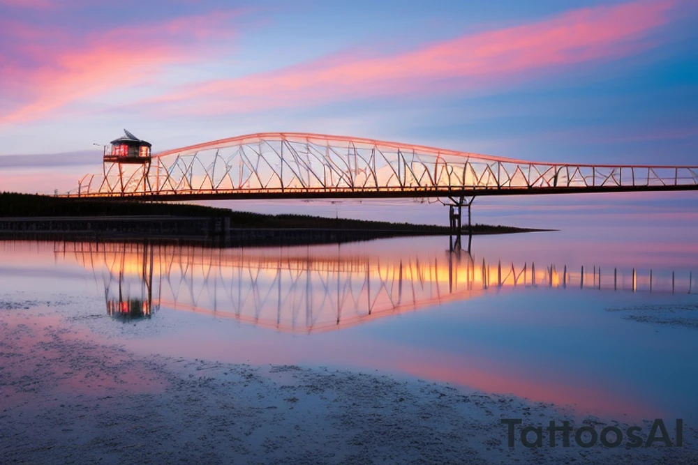 Manitoulin Island swing bridge as the central element. The bridge is depicted in a simplified, clean, and recognizable form, with its distinctive shape and structure. The bridge should be positioned diagonally, slightly angled to create a sense of movement.

Behind the swing bridge, there is a beautiful sunset, with warm tones of orange, yellow, and red filling the sky. The sunset creates a tranquil and serene atmosphere, reflecting the natural beauty of Manitoulin Island.

The most distinctive aspect of the logo is the shadow projected by the swing bridge onto the water below. Instead of a regular shadow, the shadow takes the shape of a mountain scape that represents British Columbia. The mountains should be recognizable and depict the characteristic peaks and slopes associated with British Columbia's landscape.

To maintain a balanced composition, the swing bridge and its shadow should be the main focus, while the sunset and mountain scape should complement the overall design. The logo can be designed in a color scheme that aligns with your brand identity or preferences, ensuring that the colors are harmonious and visually appealing. tattoo idea