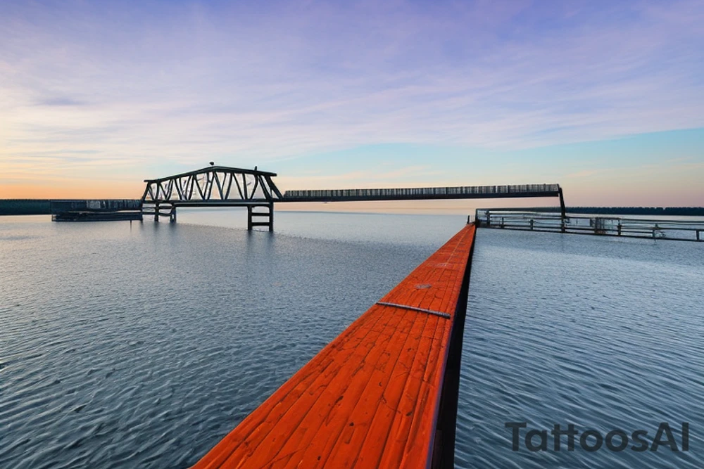 Manitoulin Island swing bridge as the central element. The bridge is depicted in a simplified, clean, and recognizable form, with its distinctive shape and structure. The bridge should be positioned diagonally, slightly angled to create a sense of movement.

Behind the swing bridge, there is a beautiful sunset, with warm tones of orange, yellow, and red filling the sky. The sunset creates a tranquil and serene atmosphere, reflecting the natural beauty of Manitoulin Island.

The most distinctive aspect of the logo is the shadow projected by the swing bridge onto the water below. Instead of a regular shadow, the shadow takes the shape of a mountain scape that represents British Columbia. The mountains should be recognizable and depict the characteristic peaks and slopes associated with British Columbia's landscape.

To maintain a balanced composition, the swing bridge and its shadow should be the main focus, while the sunset and mountain scape should complement the overall design. The logo can be designed in a color scheme that aligns with your brand identity or preferences, ensuring that the colors are harmonious and visually appealing. tattoo idea