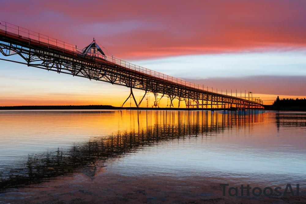 Manitoulin Island swing bridge as the central element. The bridge is depicted in a simplified, clean, and recognizable form, with its distinctive shape and structure. The bridge should be positioned diagonally, slightly angled to create a sense of movement.

Behind the swing bridge, there is a beautiful sunset, with warm tones of orange, yellow, and red filling the sky. The sunset creates a tranquil and serene atmosphere, reflecting the natural beauty of Manitoulin Island.

The most distinctive aspect of the logo is the shadow projected by the swing bridge onto the water below. Instead of a regular shadow, the shadow takes the shape of a mountain scape that represents British Columbia. The mountains should be recognizable and depict the characteristic peaks and slopes associated with British Columbia's landscape.

To maintain a balanced composition, the swing bridge and its shadow should be the main focus, while the sunset and mountain scape should complement the overall design. The logo can be designed in a color scheme that aligns with your brand identity or preferences, ensuring that the colors are harmonious and visually appealing. tattoo idea