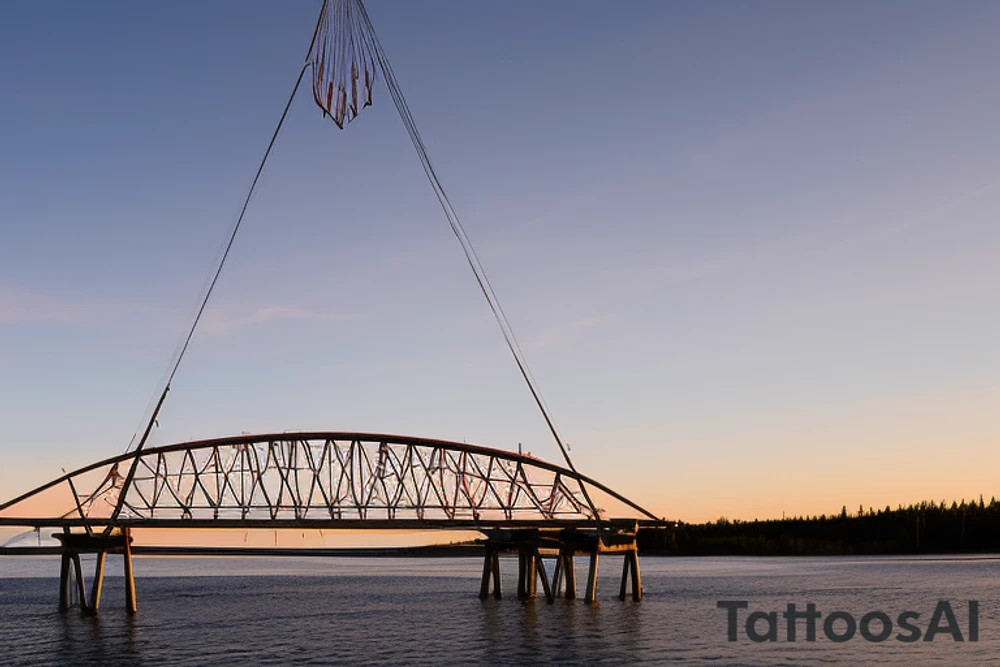 Manitoulin Island swing bridge as the central element. The bridge is depicted in a simplified, clean, and recognizable form, with its distinctive shape and structure. The bridge should be positioned diagonally, slightly angled to create a sense of movement.

Behind the swing bridge, there is a beautiful sunset, with warm tones of orange, yellow, and red filling the sky. The sunset creates a tranquil and serene atmosphere, reflecting the natural beauty of Manitoulin Island.

The most distinctive aspect of the logo is the shadow projected by the swing bridge onto the water below. Instead of a regular shadow, the shadow takes the shape of a mountain scape that represents British Columbia. The mountains should be recognizable and depict the characteristic peaks and slopes associated with British Columbia's landscape.

To maintain a balanced composition, the swing bridge and its shadow should be the main focus, while the sunset and mountain scape should complement the overall design. The logo can be designed in a color scheme that aligns with your brand identity or preferences, ensuring that the colors are harmonious and visually appealing. tattoo idea