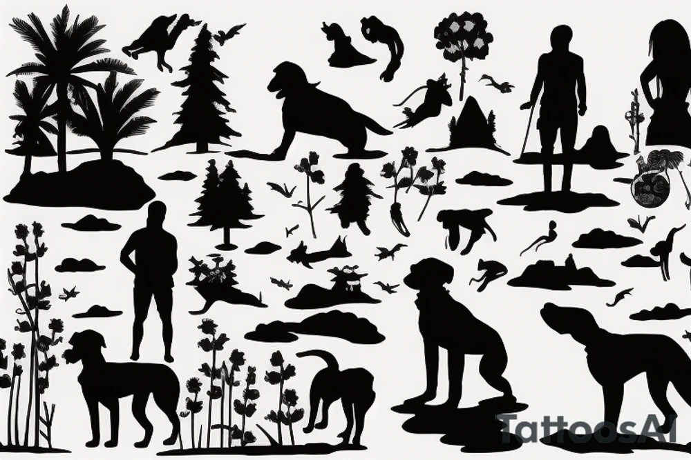 Silhouette of Man, Woman, Dog looking out at a lake with a sunset tattoo idea