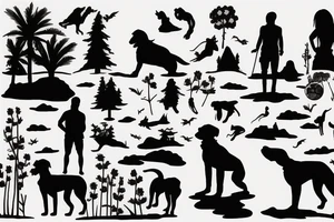 Silhouette of Man, Woman, Dog looking out at a lake with a sunset tattoo idea