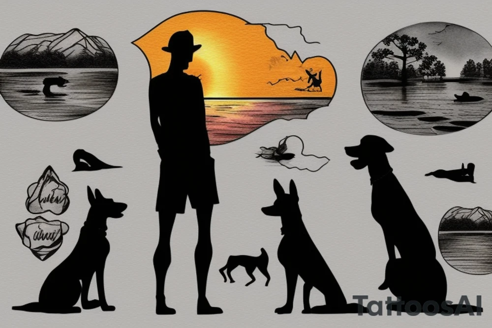 Silhouette of Man, Woman, Dog looking out at a lake with a sunset tattoo idea
