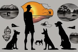 Silhouette of Man, Woman, Dog looking out at a lake with a sunset tattoo idea