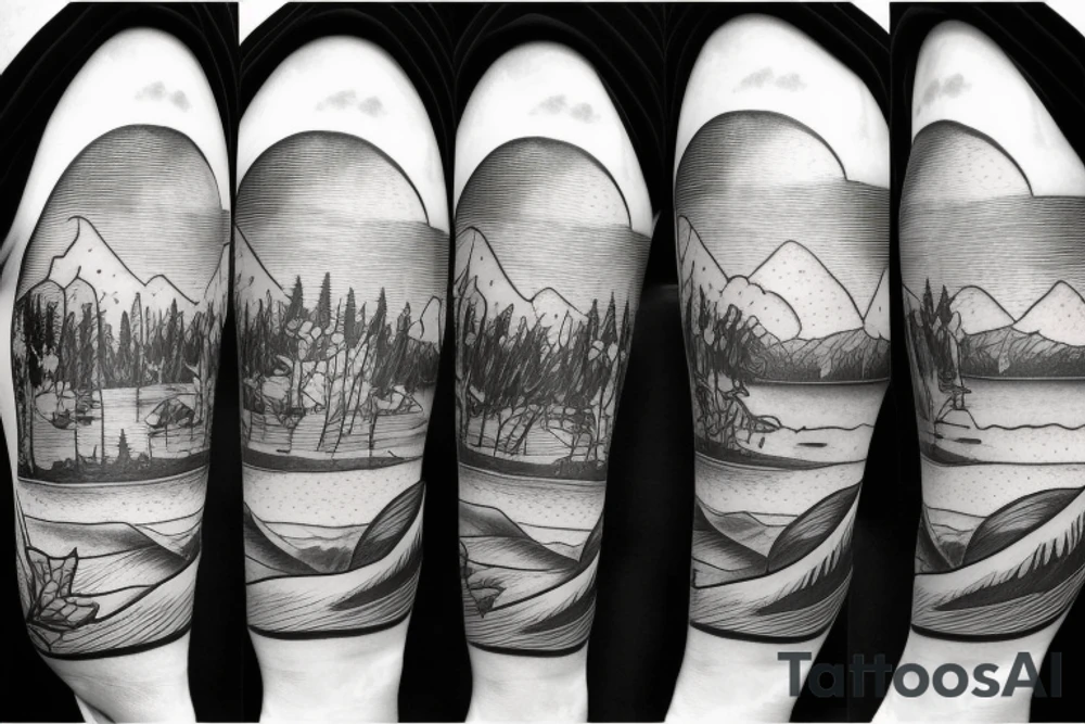 Man, Woman, Dog looking out at a lake with a sunset tattoo idea