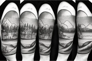 Man, Woman, Dog looking out at a lake with a sunset tattoo idea