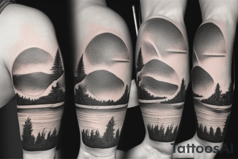 Man, Woman, Dog looking out at a lake with a sunset tattoo idea