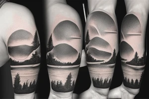Man, Woman, Dog looking out at a lake with a sunset tattoo idea