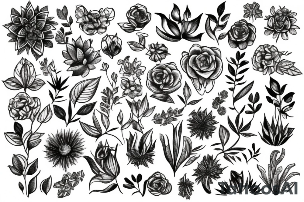 Lots of plants and flowers intertwined together tattoo idea