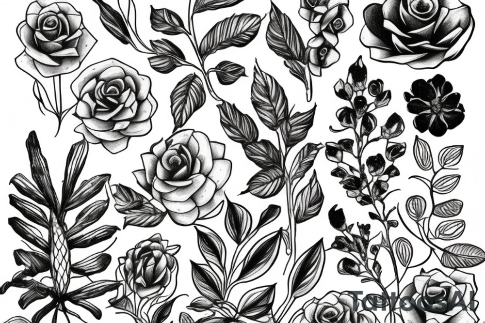 Lots of plants and flowers intertwined together tattoo idea
