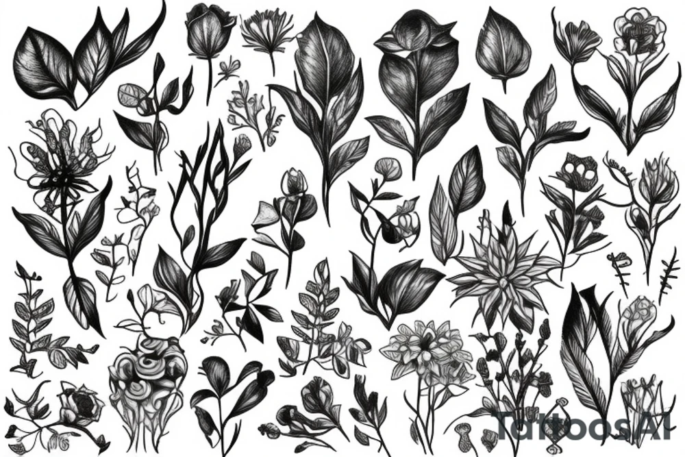 Plants, flowers, wild vegetation, pretty flowers, intertwined plants, vines, long vines tattoo idea