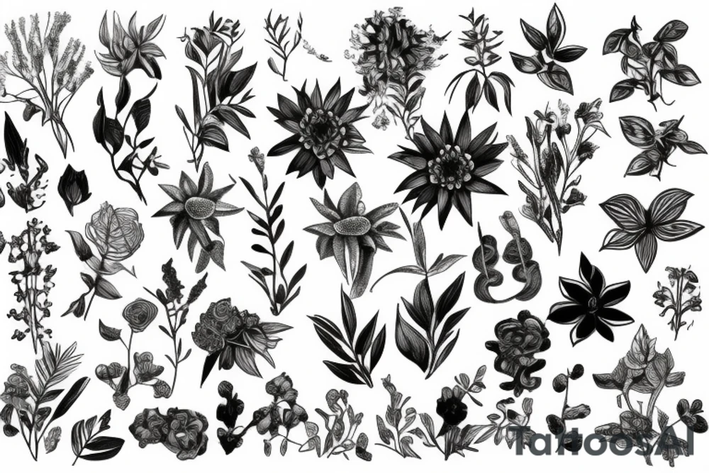 Plants, flowers, wild vegetation, pretty flowers, intertwined plants, vines, long vines, very dense, mixed plants tattoo idea
