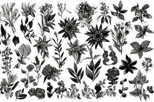 Plants, flowers, wild vegetation, pretty flowers, intertwined plants, vines, long vines, very dense, mixed plants tattoo idea
