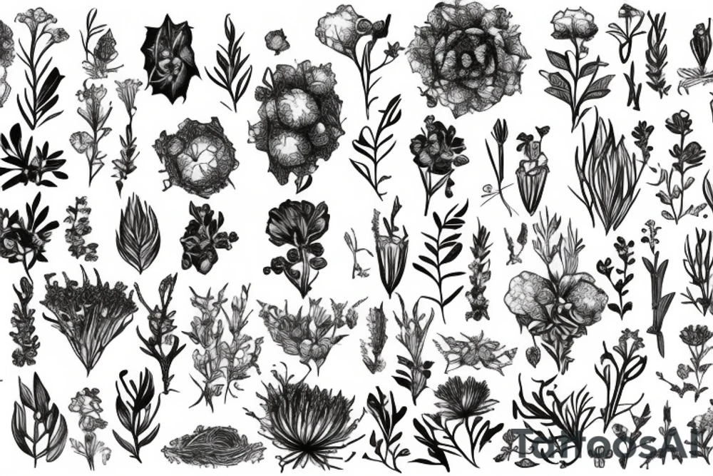 Plants, flowers, wild vegetation, pretty flowers, intertwined plants, vines, long vines, very dense, mixed plants tattoo idea