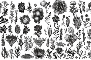 Plants, flowers, wild vegetation, pretty flowers, intertwined plants, vines, long vines, very dense, mixed plants tattoo idea