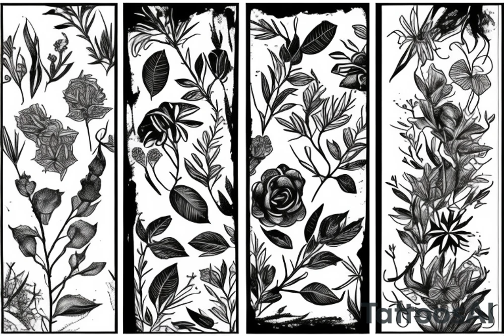 Plants, flowers, wild vegetation, pretty flowers, intertwined plants, vines, long vines, very dense, mixed plants tattoo idea