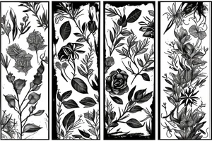 Plants, flowers, wild vegetation, pretty flowers, intertwined plants, vines, long vines, very dense, mixed plants tattoo idea