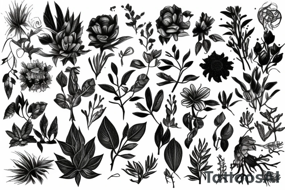 Plants, flowers, wild vegetation, pretty flowers, intertwined plants, vines, long vines, very dense, mixed plants tattoo idea