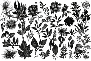 Plants, flowers, wild vegetation, pretty flowers, intertwined plants, vines, long vines, very dense, mixed plants tattoo idea