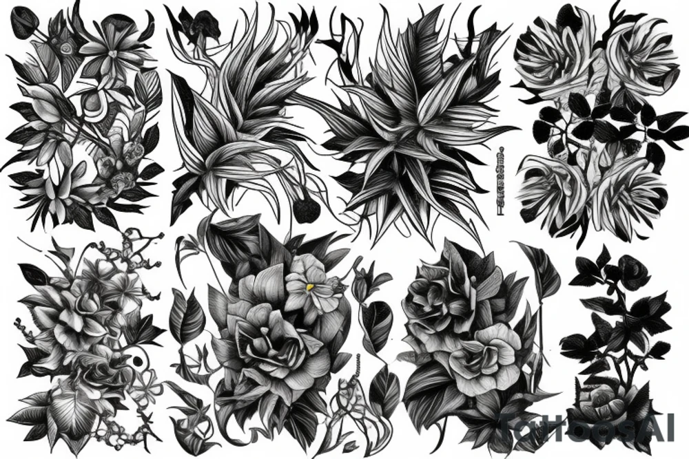 Plants, flowers, intertwined plants, very dense vegetation tattoo idea