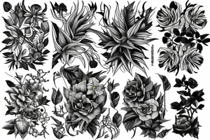 Plants, flowers, intertwined plants, very dense vegetation tattoo idea