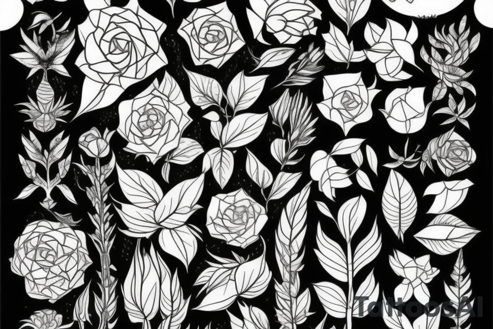 Plants, flowers, intertwined plants, very dense vegetation tattoo idea