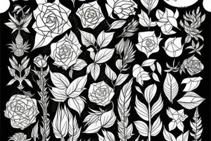 Plants, flowers, intertwined plants, very dense vegetation tattoo idea