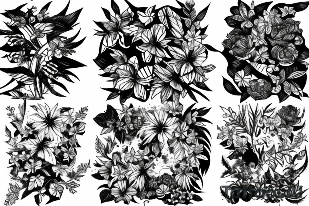Plants, flowers, intertwined plants, very dense vegetation, wild vines tattoo idea