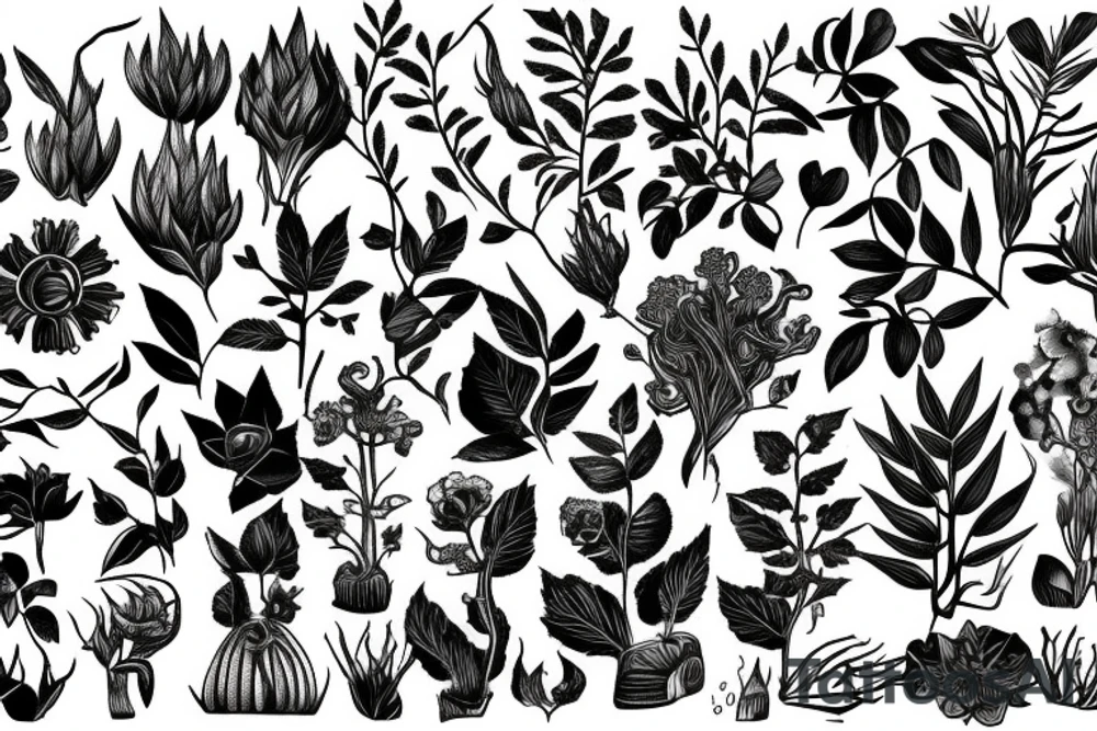 Plants, flowers, intertwined plants, very dense vegetation, wild vines tattoo idea