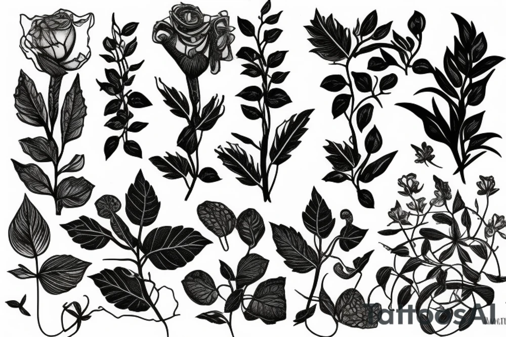 Plants, flowers, intertwined plants, very dense vegetation, wild vines tattoo idea