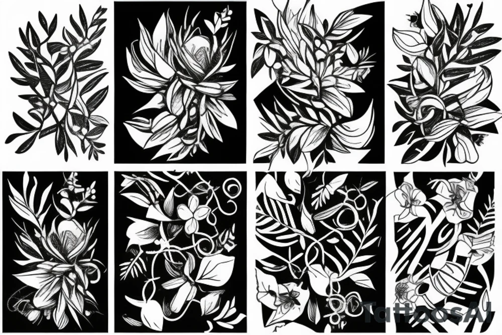 Plants, flowers, intertwined plants, very dense vegetation, wild vines tattoo idea