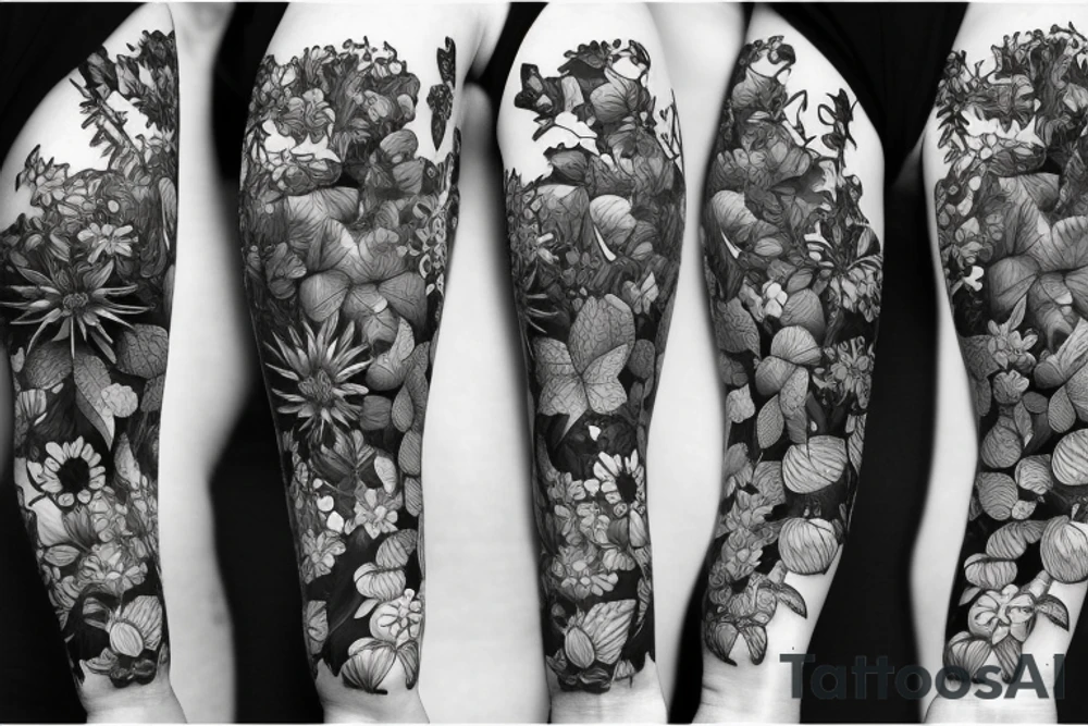 Plants, flowers, intertwined plants, very dense vegetation, wild vines tattoo idea