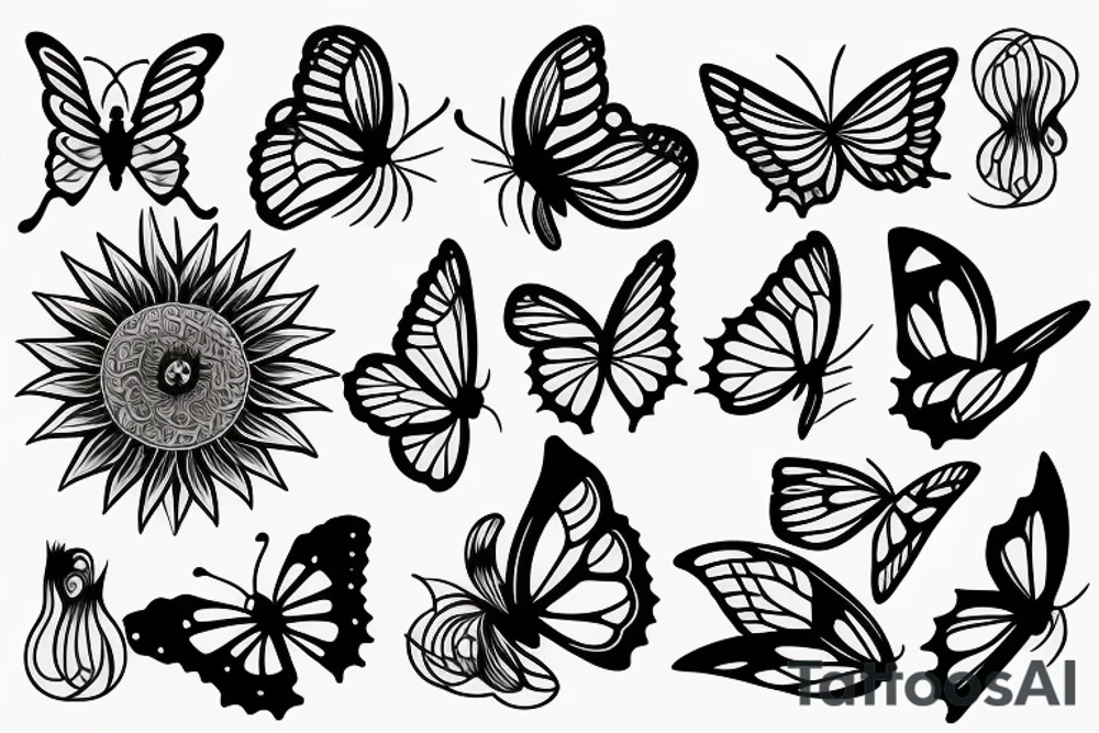 Unalome sun, waves and butterfly tattoo idea