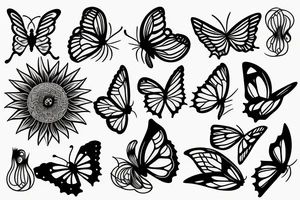 Unalome sun, waves and butterfly tattoo idea