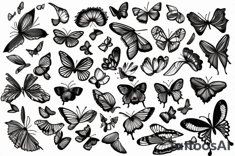 Unalome sun, waves and butterfly tattoo idea