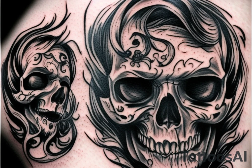 half face demon half face skull tattoo idea
