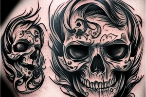 half face demon half face skull tattoo idea