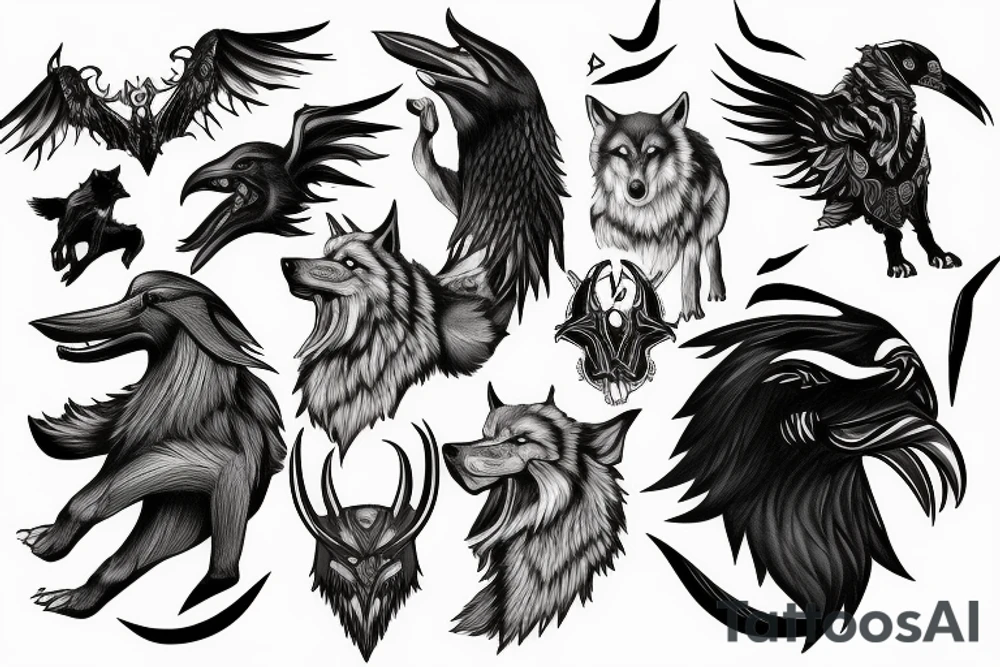 The wolf Fenrir and the two ravens of Odin tattoo idea