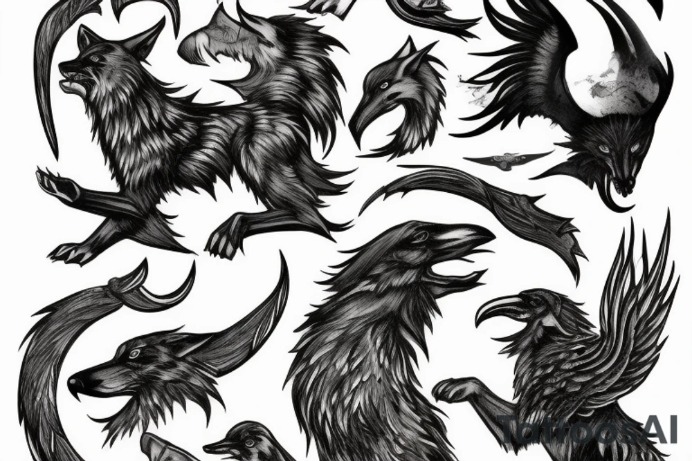 The wolf Fenrir with the two ravens of Odin tattoo idea