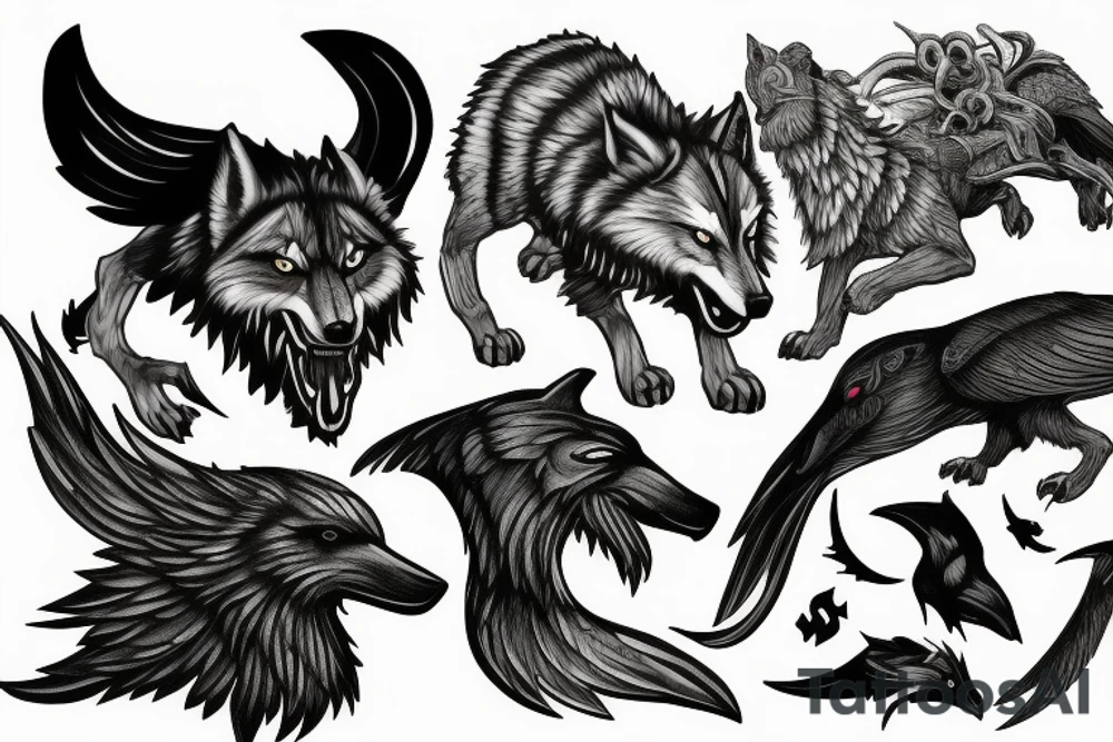 The wolf Fenrir with the two ravens of Odin tattoo idea