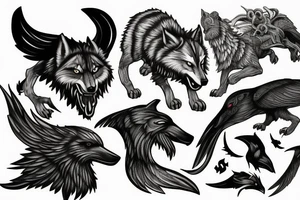 The wolf Fenrir with the two ravens of Odin tattoo idea