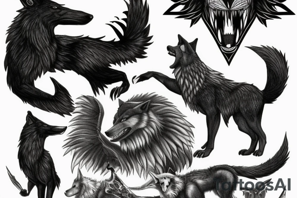 The wolf Fenrir with next to the two ravens of Odin tattoo idea