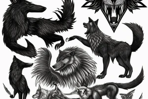 The wolf Fenrir with next to the two ravens of Odin tattoo idea