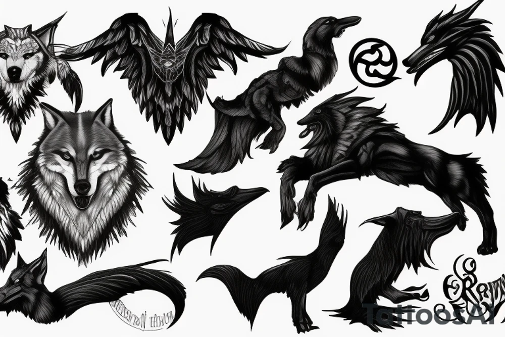 The wolf Fenrir with next to the two ravens of Odin tattoo idea