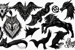 The wolf Fenrir with next to the two ravens of Odin tattoo idea